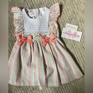 Bonnie Baby Pastel Striped Smocked Dress with Coral Bows
